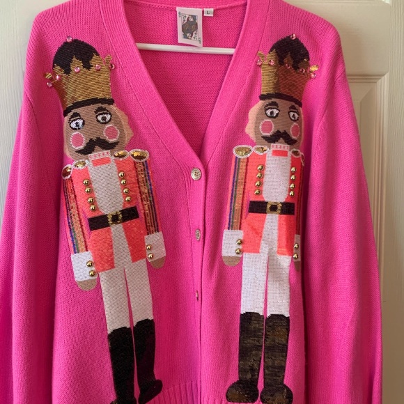NWOT Queen of Sparkles Hot Pink Nutcracker Cardigan Size Large - Picture 3 of 6